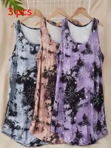 Women's Comfortable Elegant Sun Print Sleepwear Loungewear Set, Casual Home Dress, 3-Piece Combo Pack, Soft and Relaxing Nightgown