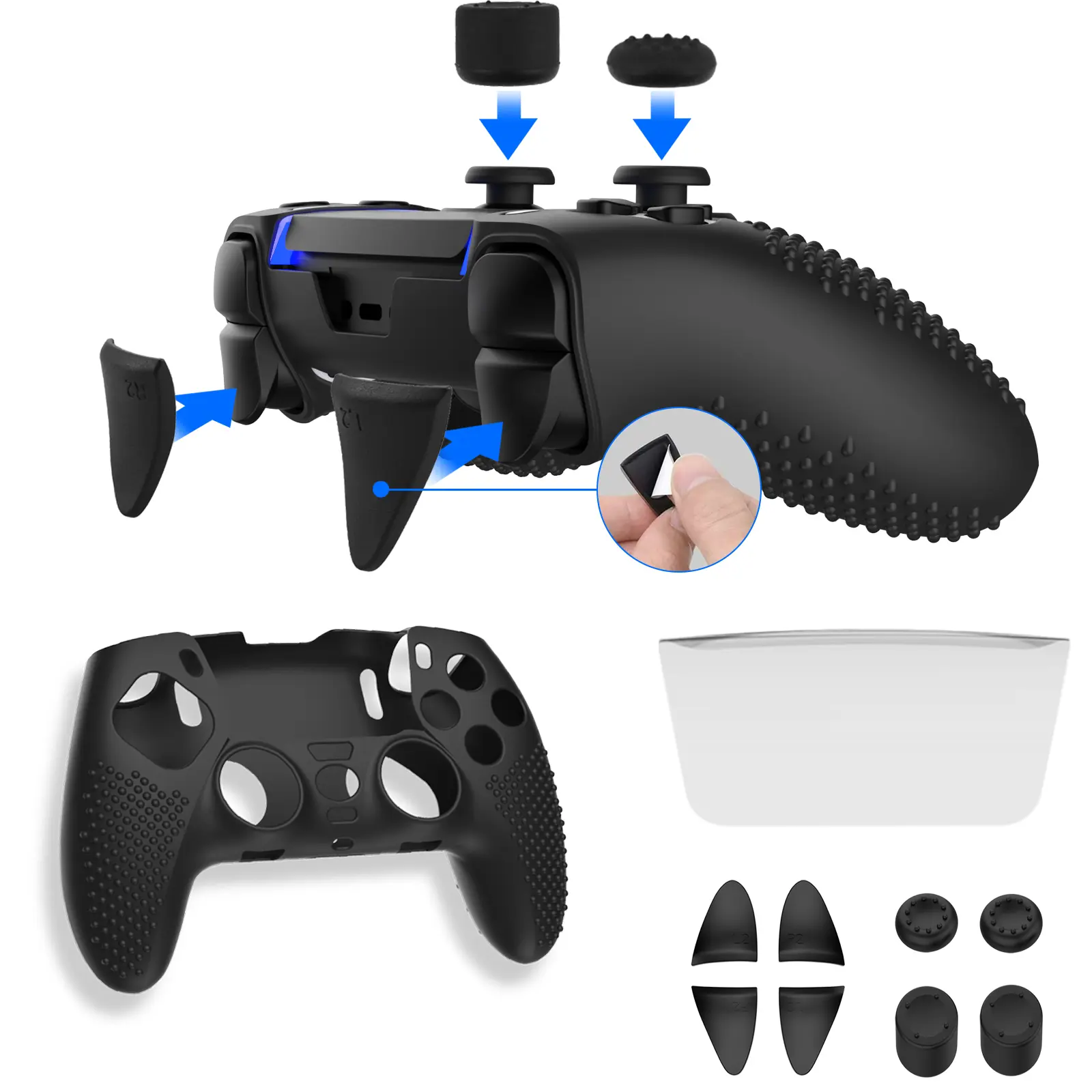 Black Cover for DualSense Edge, Anti-slip Kit for PS5 Edge Controller Including Controller Grip for DualSense, 4 Thumb Caps, 4 Triggers Extenders, and 1 Touchpad Sticker