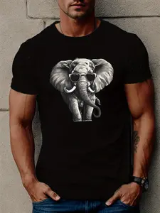 Men's Casual Short Sleeve T-Shirt with Unique Elephant Print - Breathable Polyester, Round Neck, Machine Washable - Perfect for Summer