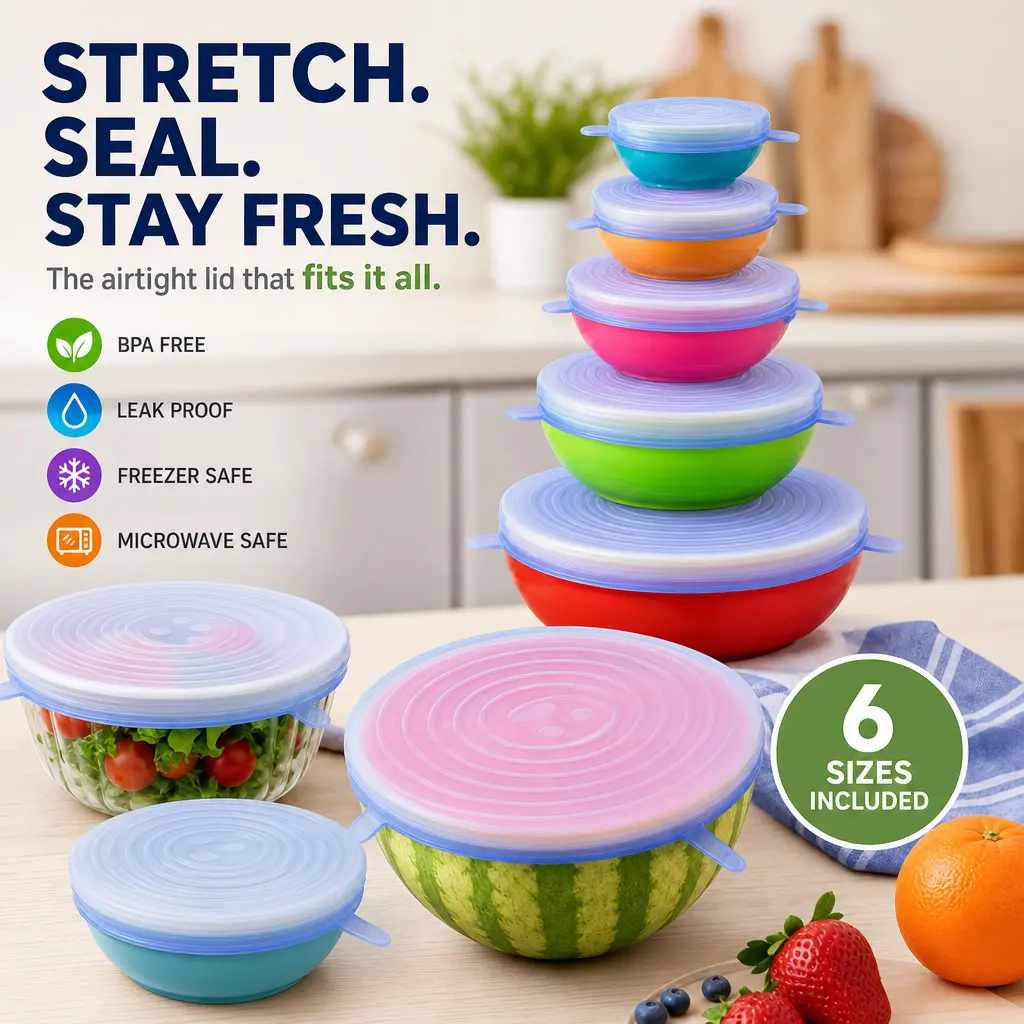 Universal Reusable Silicone Lids – 6-Pack Self-Sealing Food Covers for Various Container Sizes