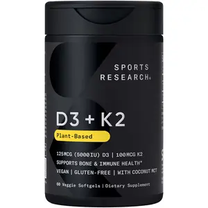 Sports Research Vitamin D3 + K2 - 5000iu of Plant-Based D3 & 100mcg of Vitamin K2 as MK-7 - Non-GMO Verified & Vegan Certified - 60 Veggie Softgels