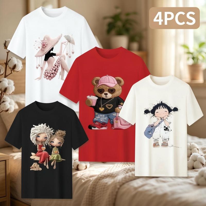 Plus Size Women's Cute Whimsical Graphic T Shirt 4 Pack Cartoon Illustration Kawaii Aesthetic Tee Bundle Set