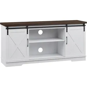 Farmhouse TV Stand for 65 Inch TV Entertainment Center with Sliding Barn Door and Adjustable Shelves Modern Media Console Wood Television Stand for Living Room White and Brown, Tv Shelf, Modern Tv Stands, Tv Console Cabinet