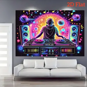 1pc 2D Flat Vibrant DJ Art Banner - Neon Glow Party Decoration for Birthdays, Weddings & Events - No Power Needed, Durable Polyester Material, Perfect for Gifting & Room Styling, Party Wall White Ornaments