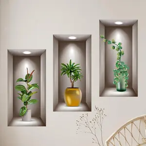 3D Potted  Wall Stickers Set of 3 Green  Leaves Wall Decals Peel and Stick 3D Magic Wall Art Sticker for Living Room Bedroom Aisle Entrance Sofa Backdrop Yoga Room Home Decor