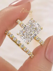 Effinny 925 Sterling Silver 4.5CT Non-tarnish Radiant Cut CZ 2PC Wedding Ring Set With Half Eternity Wedding Band, Affordable Luxury Promise Ring, Travel-friendly Jewelry for Her