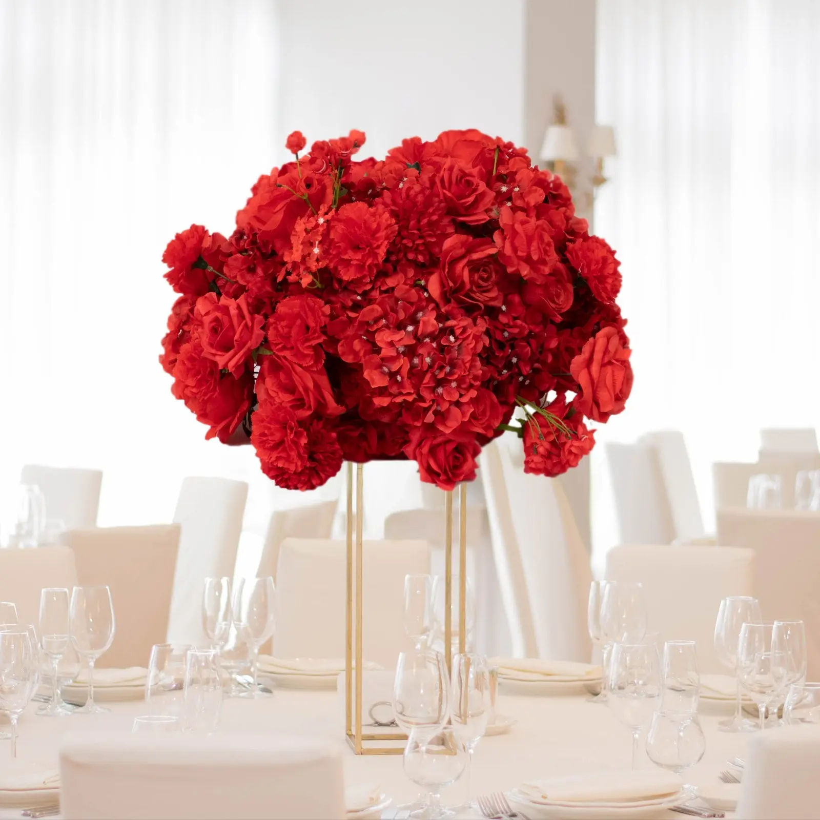 Pre-Arranged Silk Floral Centerpiece in Red, 22" Artificial Rose, Hydrangea & Chrysanthemum Flower Ball Bouquet for Event, Wedding