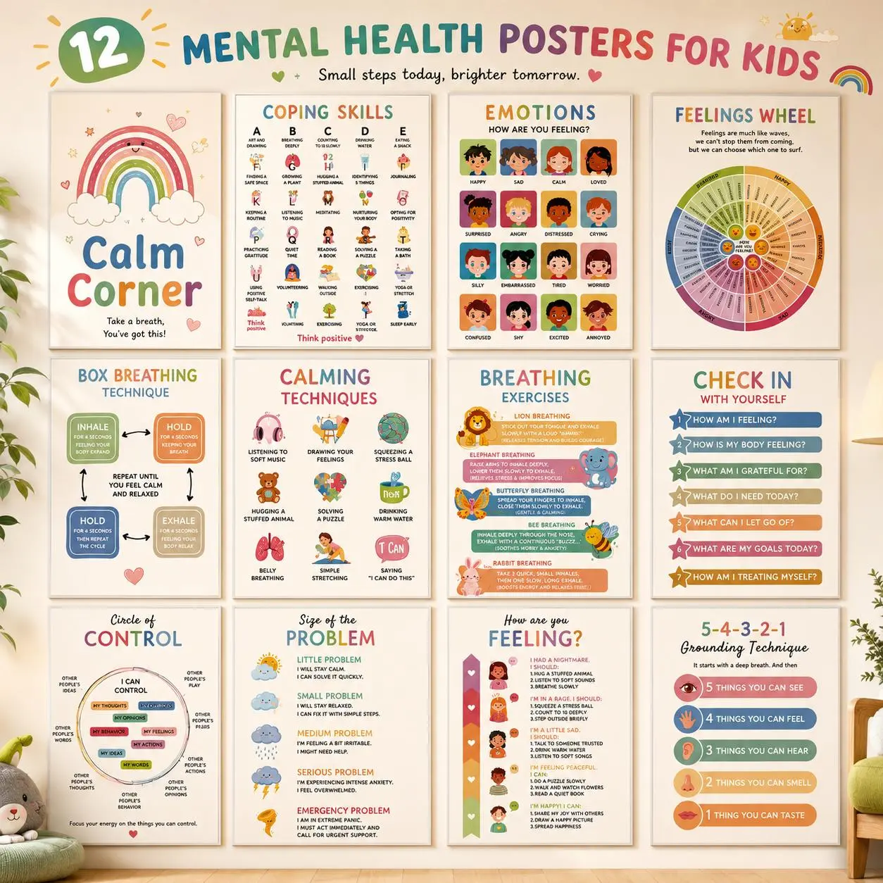 12 Laminated Kids' Mental Health Posters - Colorful Illustrations Feelings & Emotions Learning Charts, Positive Affirmation Wall Decor, Teacher Kindergarten Supplies for Homeschool Spaces, Builds Confidence & Resilience