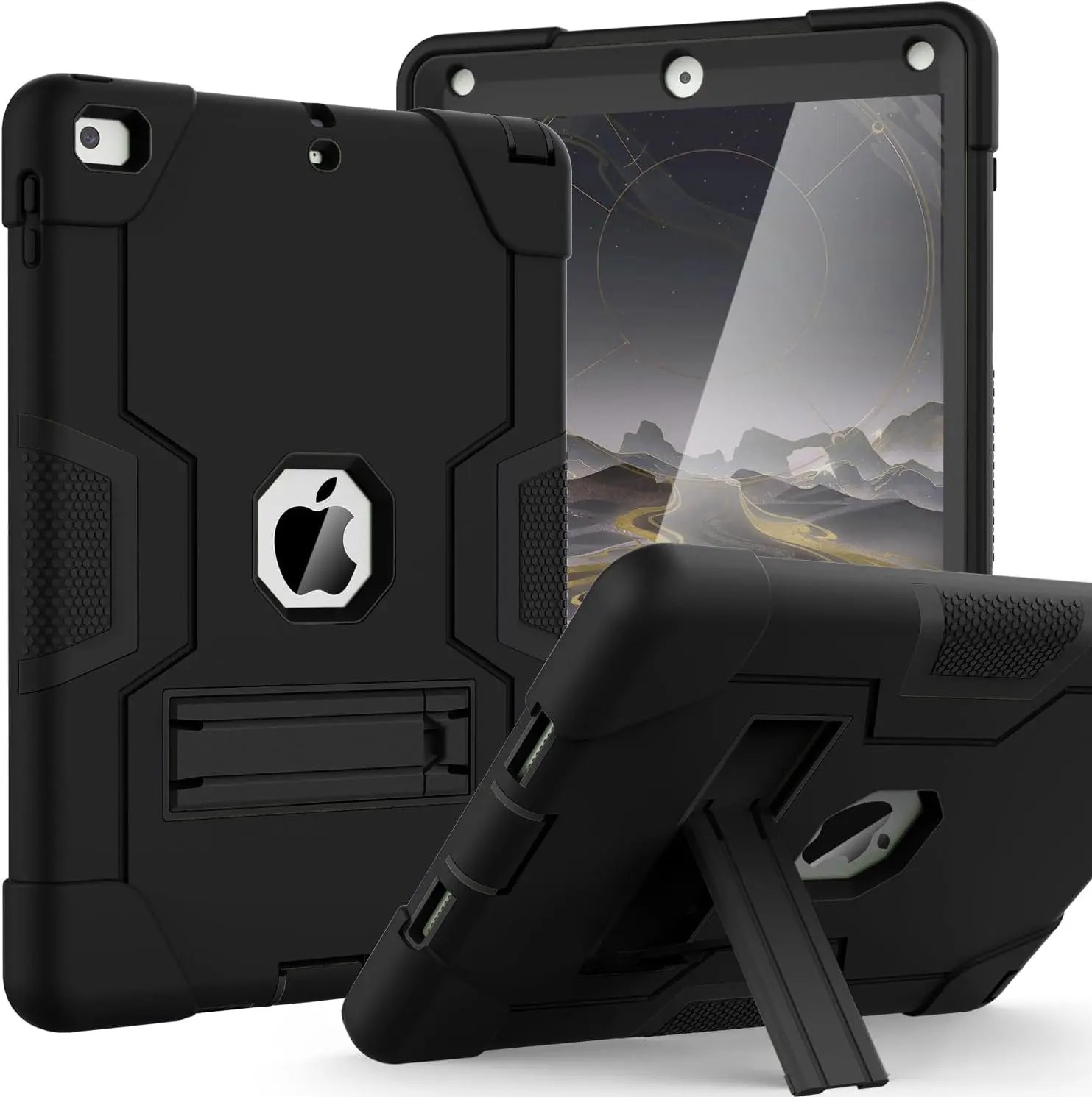 Case for iPad 6th/5th Generation, 9.7 Inch (2018/2017 Model), Hybrid Shockproof Rugged Protective Cover with Built-in Kickstand (Black)