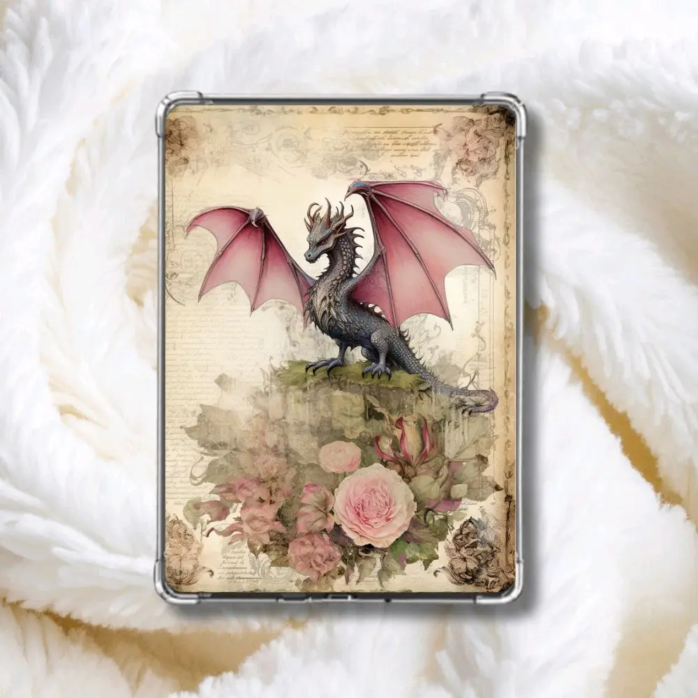 Vintage Dragon & Roses Kindle Insert Romantasy E-Reader Insert Dark Cottagecore Fantasy Aesthetic Dusty Rose Charcoal Grey Aged Parchment Cream