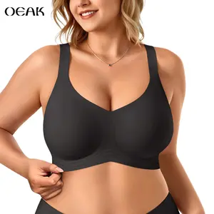 OEAK Bras for Women V Neck No Underwire Wireless Plus Size Support Bra Underarm Smoothing Seamless Push Up Full Coverage T-Shirt Sports Bra