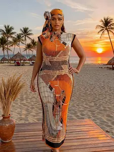 Women's Elegant Slim-Fitting Long Dress Set, All-Over Printed Shawl & Scarf, Beach Sun Protection Silk Wrap, All Seasons Fashion, Swim Cover Ups, Swimsuit Cover Ups, Swimwear Coverups