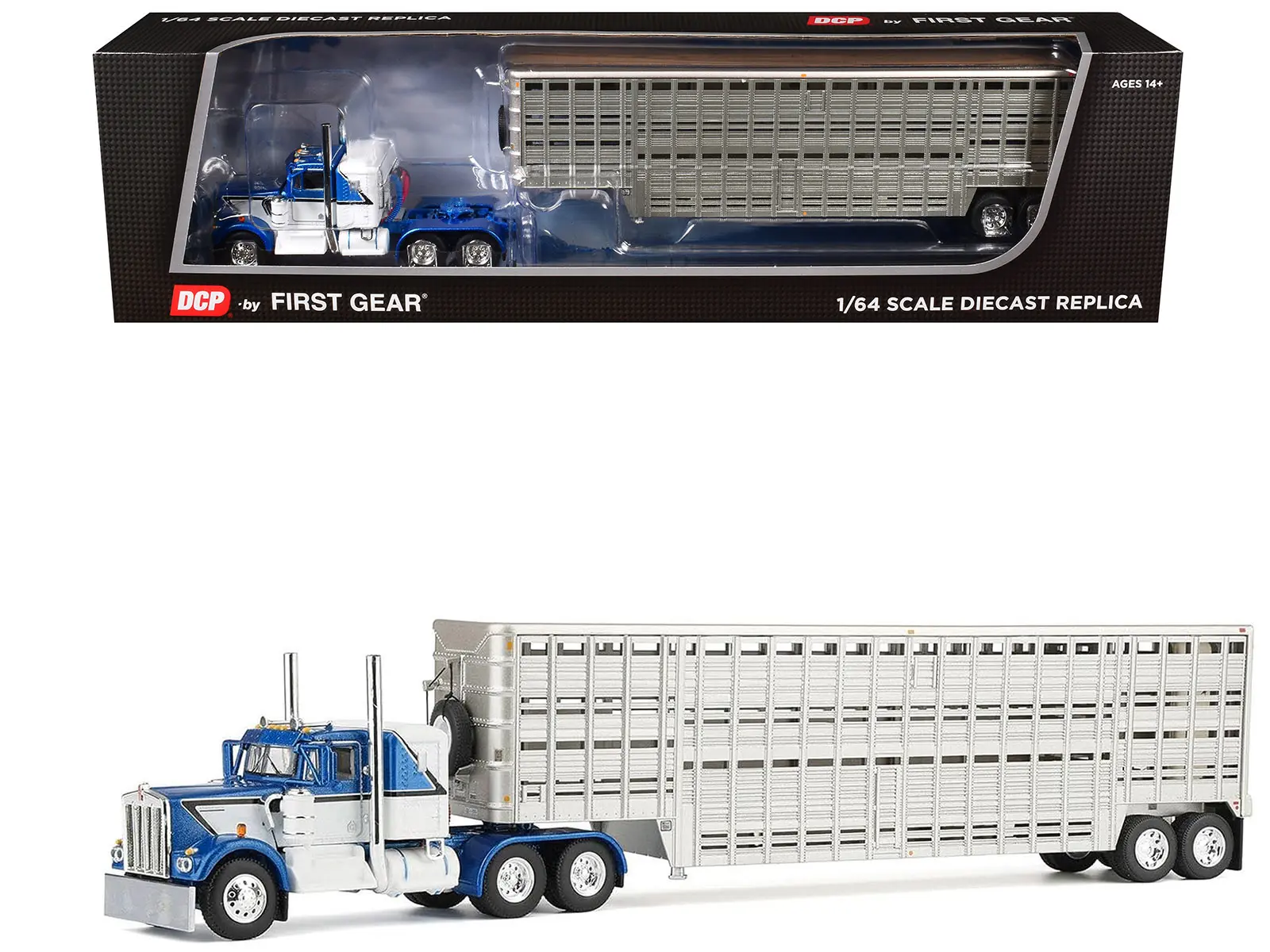 Kenworth W900A with 36" Sleeper and 45' Wilson Livestock Trailer Blue & White with Trailer 1/64 Diecast Model by DCP/First Gear