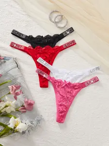 Women's Lace Thong Panties Set Lingerie, Comfortable Soft Breathable Fabric, Sexy Low Waist Fit Design, Perfect Underwear for Daily Wear & Special Occasions, Knitted Stretch Underwear, Fashion Breathable Underwear