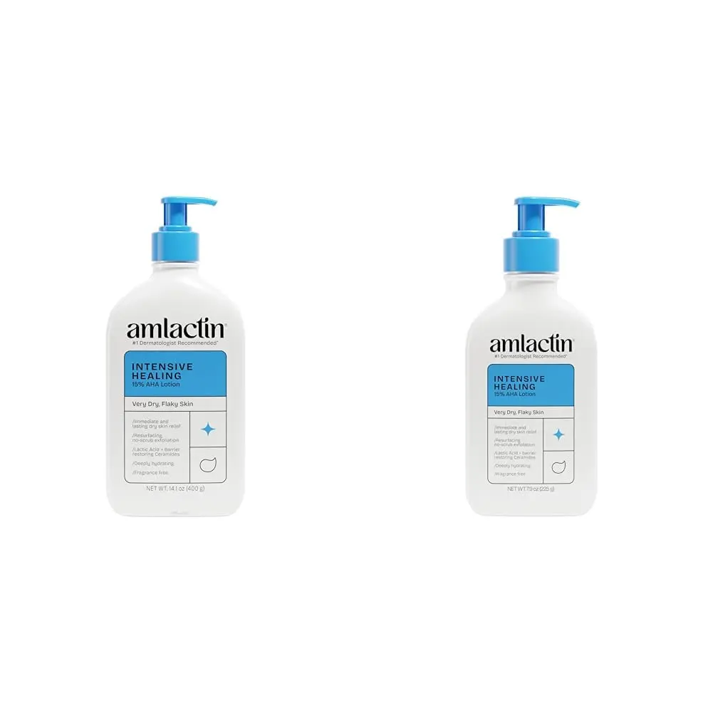 AmLactin Intensive Healing Body Lotion for Dry Skin - 14.1 oz and 7.9 oz Pump Bottles - 2-in-1 Exfoliator & Moisturizer with Ceramides & 15% Lactic Acid