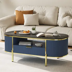 48" Oval Coffee Table, Luxury Modern Oval Center Table for Living Room, Coffe Tables with Drawers, Curved Profile Design, Gold Metal Decor, Center Table for Living Room, Home Office