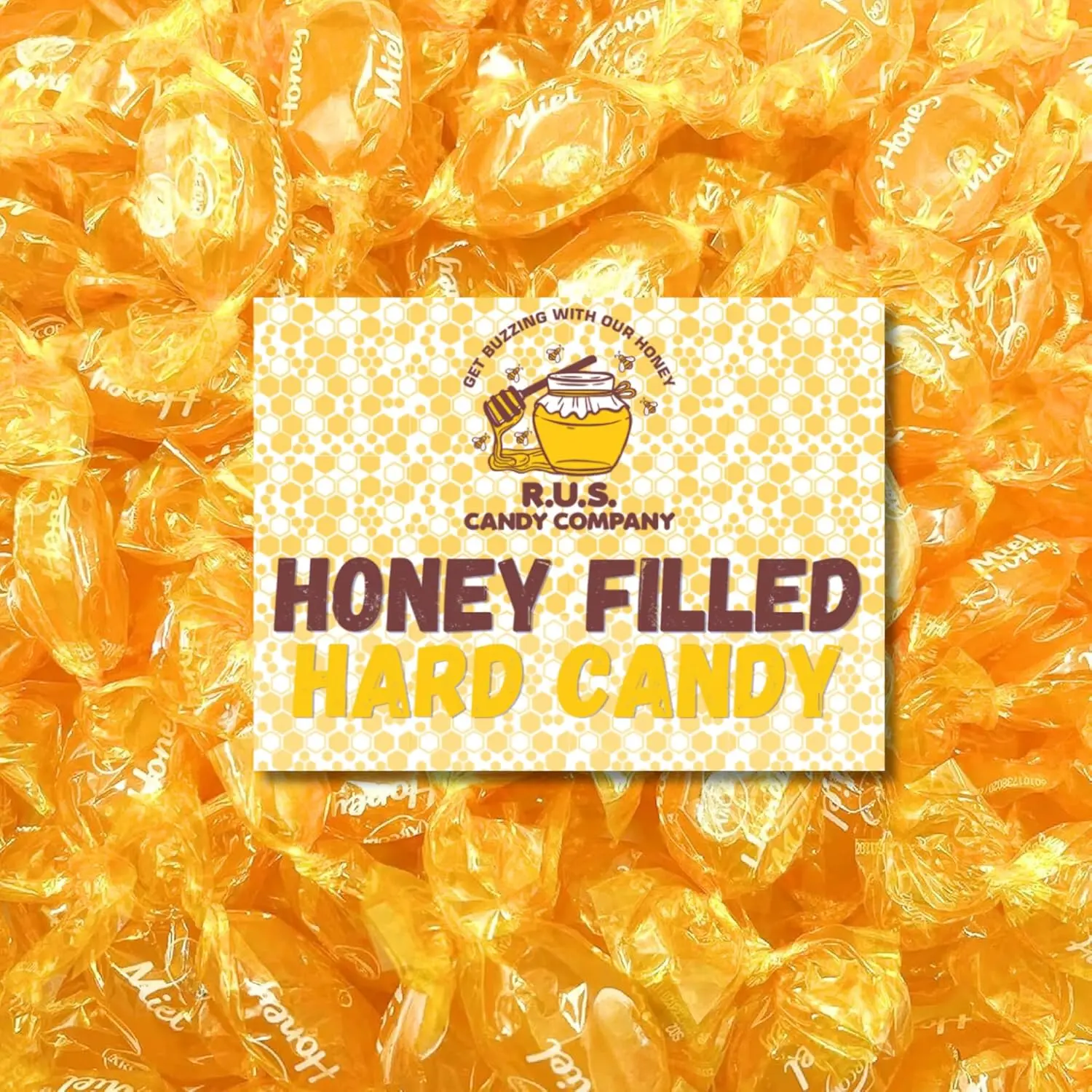 RUS Candy Company Honey Filled Hard Candy \u2013 Bulk 1 Pound Bag \u2013 About 90 Individually Wrapped Pieces \u2013 Soothing Natural Flavor with Real Honey Center \u2013 Great for Soothing Throat, Gifting, & Office Bowls