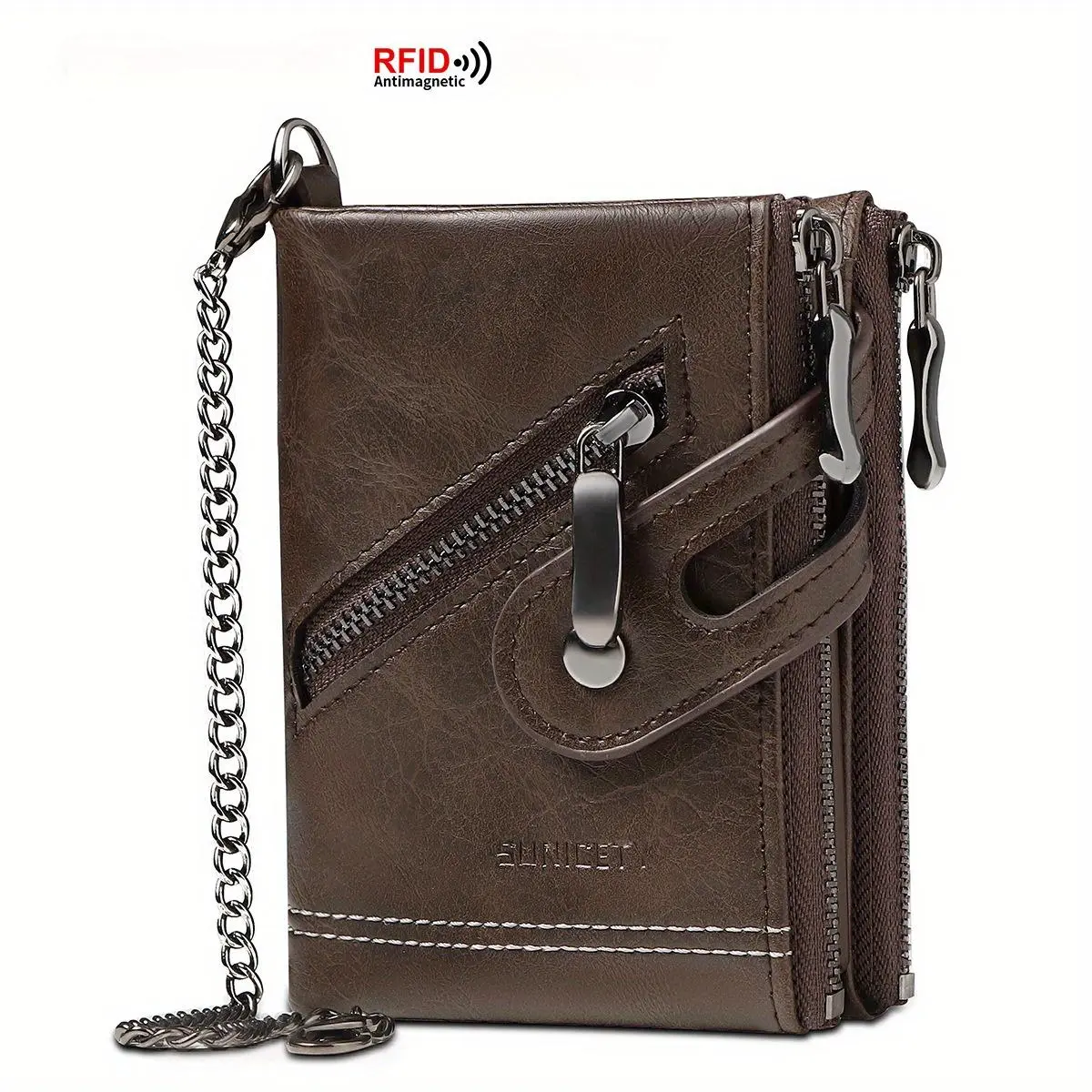 Men's PU Leather Bifold Wallet - Slim Business Mens Wallet with Anti-Theft RFID Blocking, Security Chain, Card Pockets and Coin Pockets, Wallets