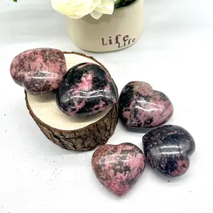 Rhodonite Heart Crystal Healing Stones Natural Gemstone Large Puffy Love Hearts Reiki Worry Palm Massager Stone 60-65mm