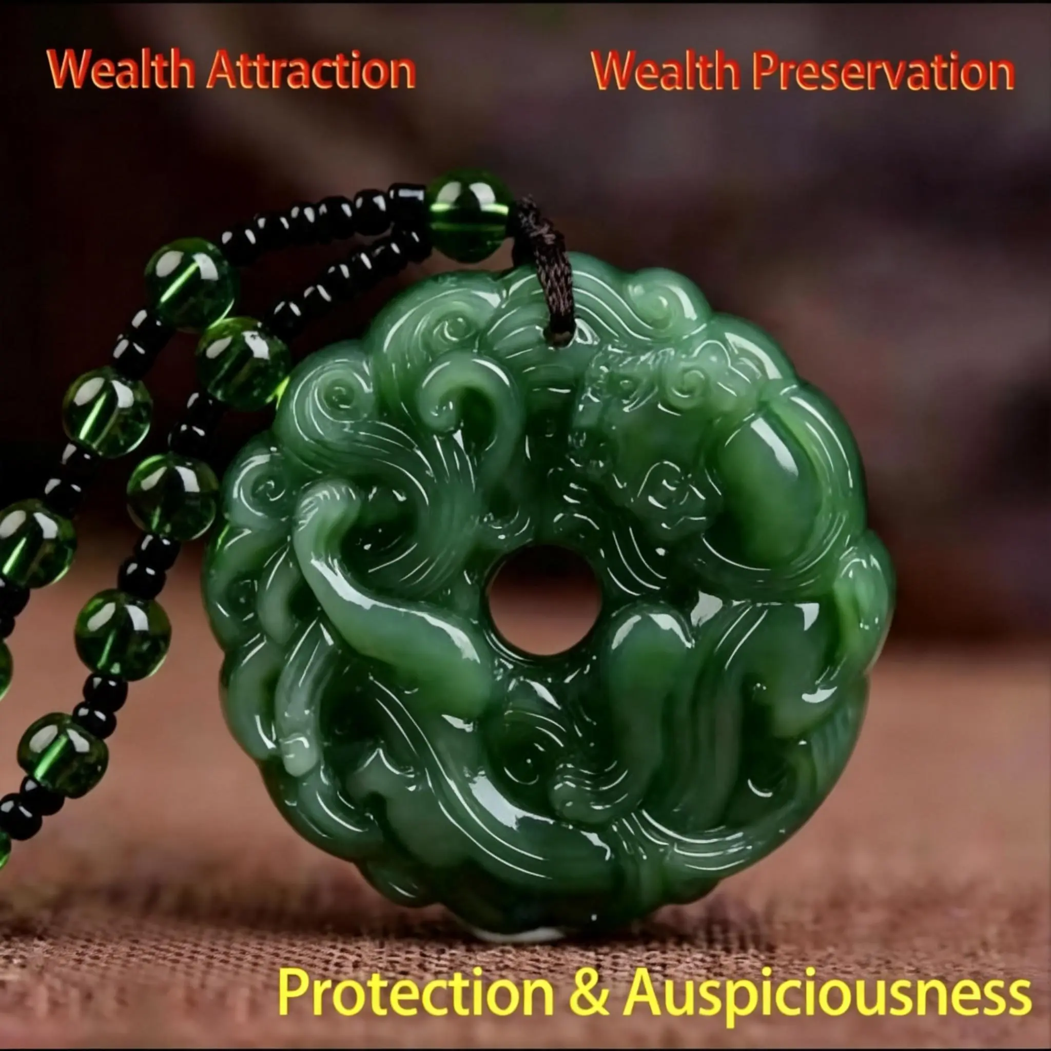 Pendant Necklace, Hand-Carved Green Jade Pixiu Dragon, Auspicious Amulet for Wealth Attraction, Unisex 64cm (25in) Bead Chain, Meaningful Gift, Meaningful Gifts, Pixiu Dragon Carvings