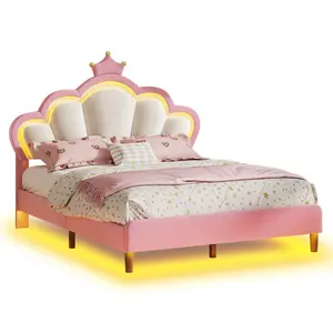 Girls Full Bed Frame with Princess Crown and LED Velvet Upholstered Platform Pink bed  frame  shopping wood floor bed Adjustable Wingback Headboard