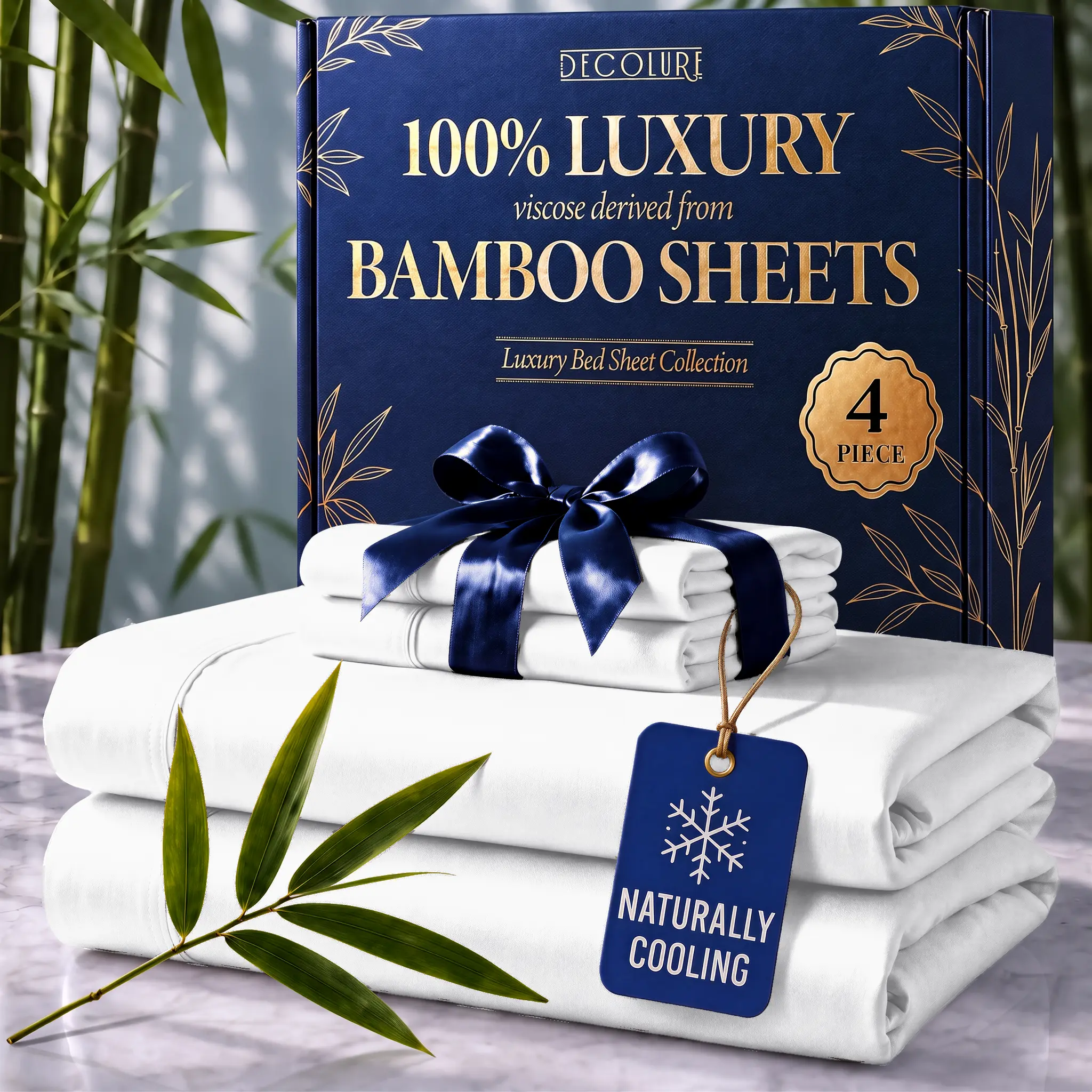 DECOLURE 4-Piece Bamboo Bed Sheet Set - 100% Cooling Viscose Bedding, Ultra Soft, 17in Deep Pockets, Double Stitching, OEKO-Tex Certified, Hypoallergenic for Hot Sleepers