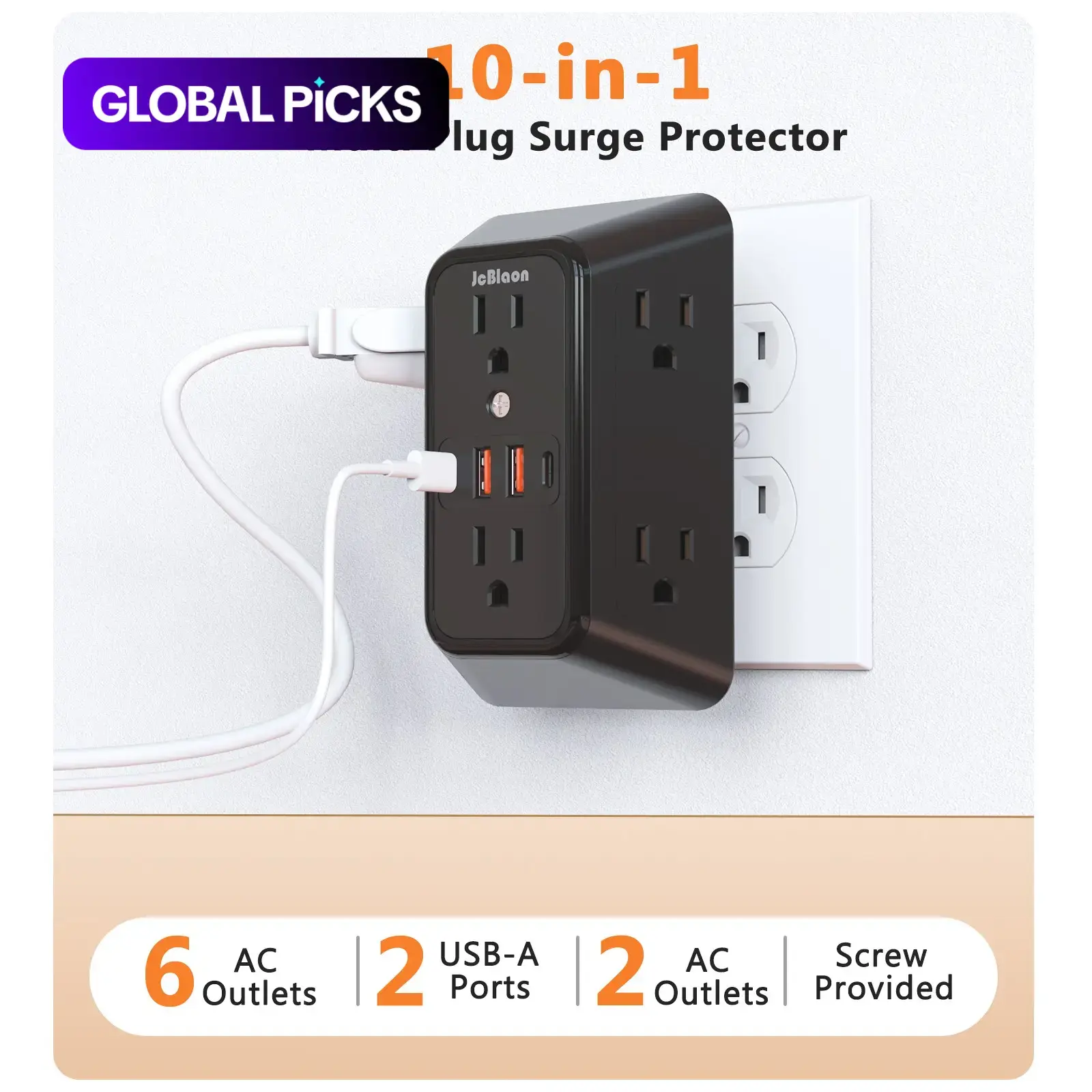 USB Wall Charger Surge Protector, 6-Outlet Wall Extender with 4 USB Charging Ports, 3-Sided Multifunctional Power Strip Adapter for Home, Travel and Office, Power Socket Extender #GLOBAL PICKS