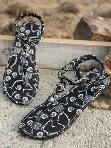 New Skull Print Flat Sandals, Skeleton Design, Comfortable Open-Toe Hollow Out, Casual All Season Shoes, Fashionable Comfy Sandals