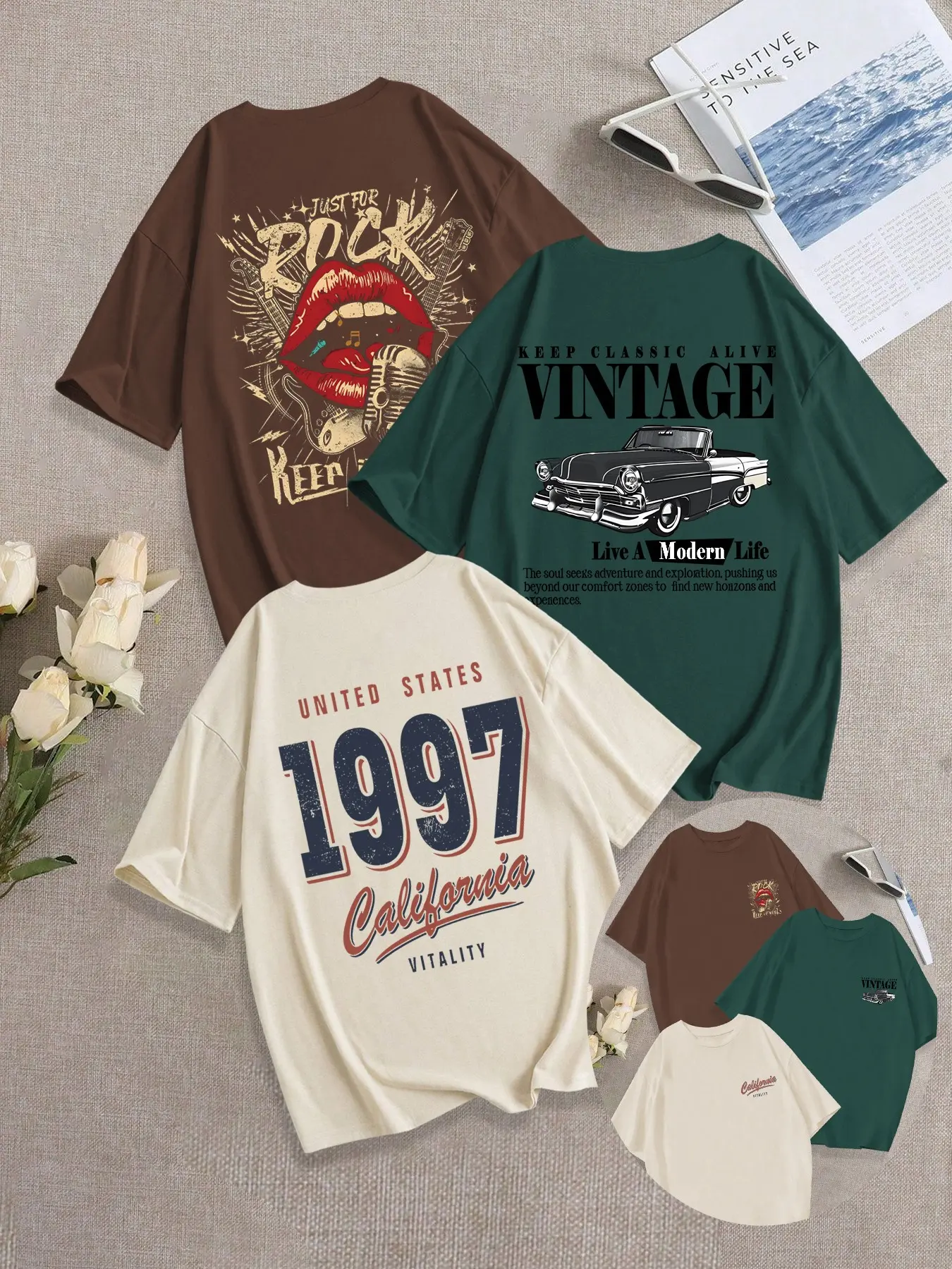 3-Pack Breathable Casual Streetwear, Classic Loose Fit Round Neck T-Shirt, Vintage Comfortable Mouth/Car Pattern Print Daily Wear