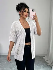 Summer New Basic Pure Color Hollow Out Short Sleeve Soft Knit Cardigan, Vacation Beach Cover-Up Thin Lightweight Jacket for Women, Casual Fashion Outerwear, Womenswear, Knitwear