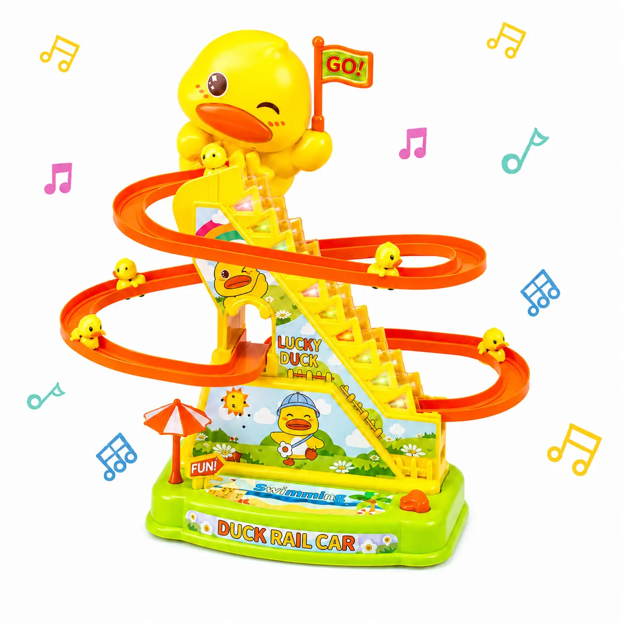 Electric Duck Climbing Race Track Game Set - Small Duck-Shaped Interactive Toy with LED Flashing Lights, Music, Roller Coasters, Cars, Science Elements, Construction Fun, Decoration, Kids' Holiday Gift