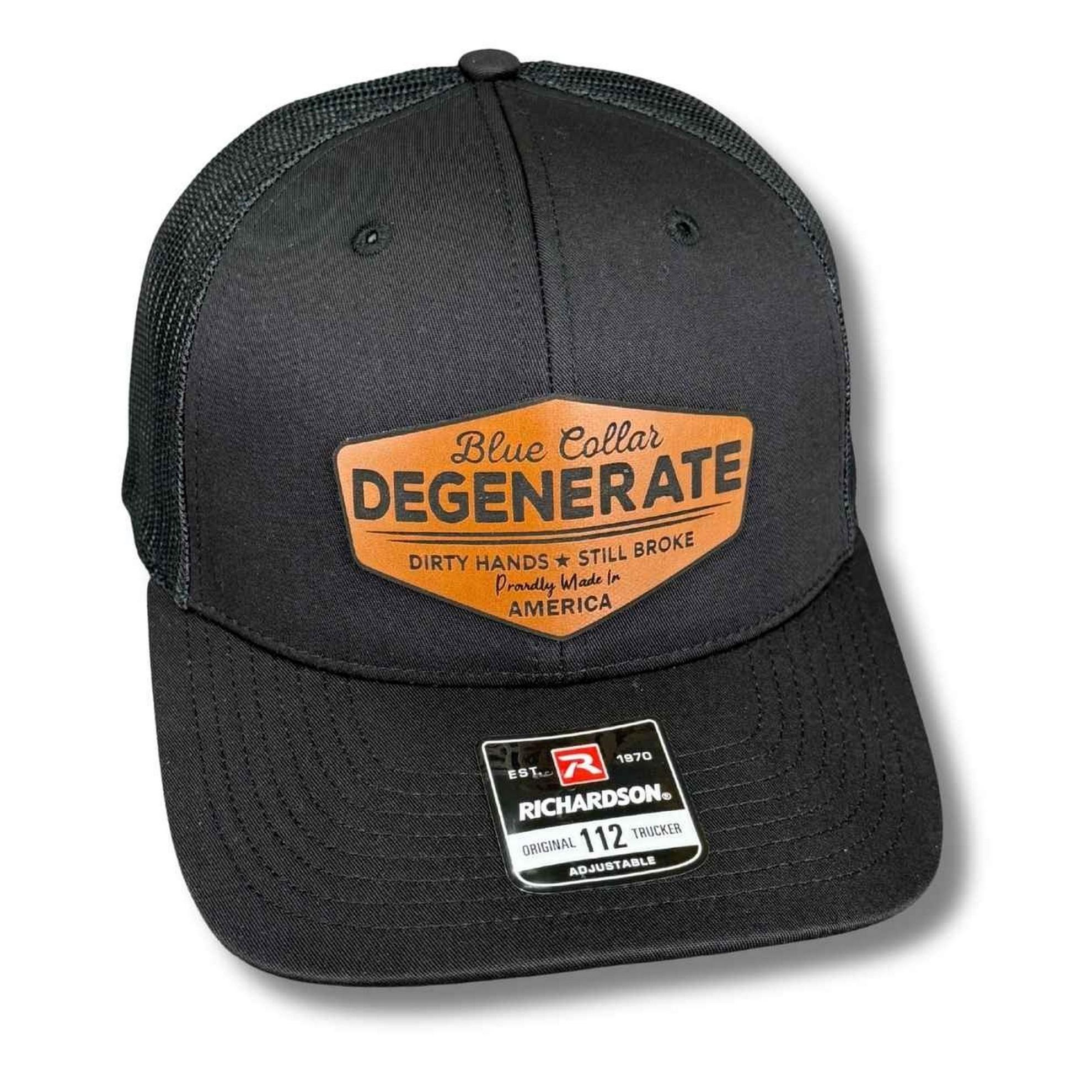 [HOT SALE]  Blue Collar Degenerate Hat Dirty Hands Still Broke Patch Hat Custom Laser Engraved Trucker Fitted orHat - I Hate Pulling Out Leather Patch Trucker Hat - Richardson 112 Mesh Back Cap - Fishing & Boating Gifts for Men