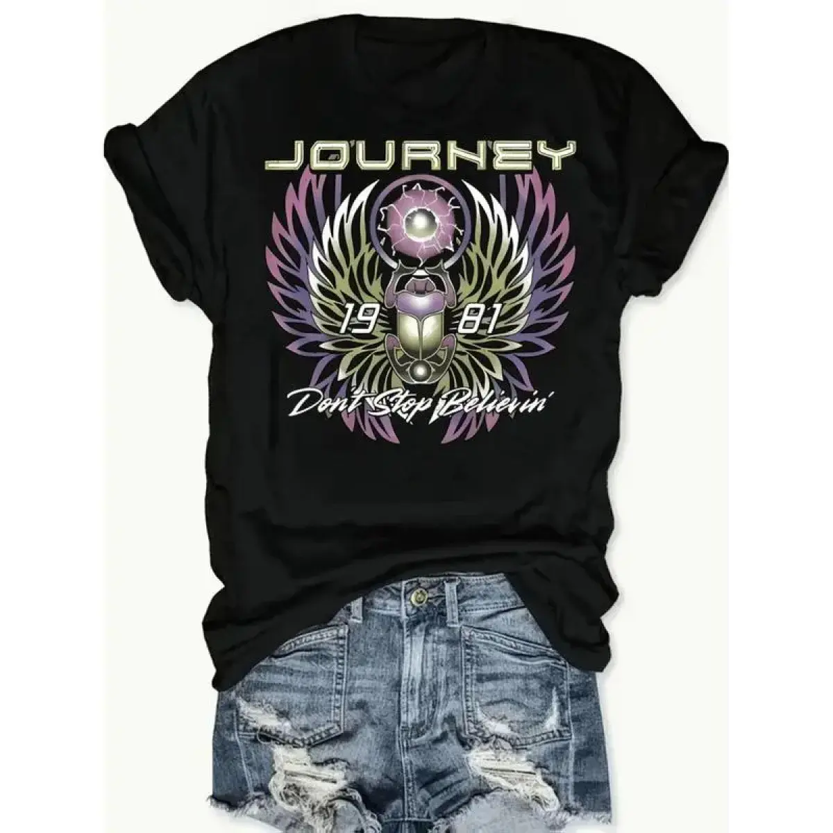 Women's vintage-style "Journey" rock band graphic T-shirt; a short-sleeved top suitable for various occasions such as Thanksgiving, Easter, and Valentine's Day. It offers breathable comfort and a stylish look that blends preppy and bohemian vibes, featuri