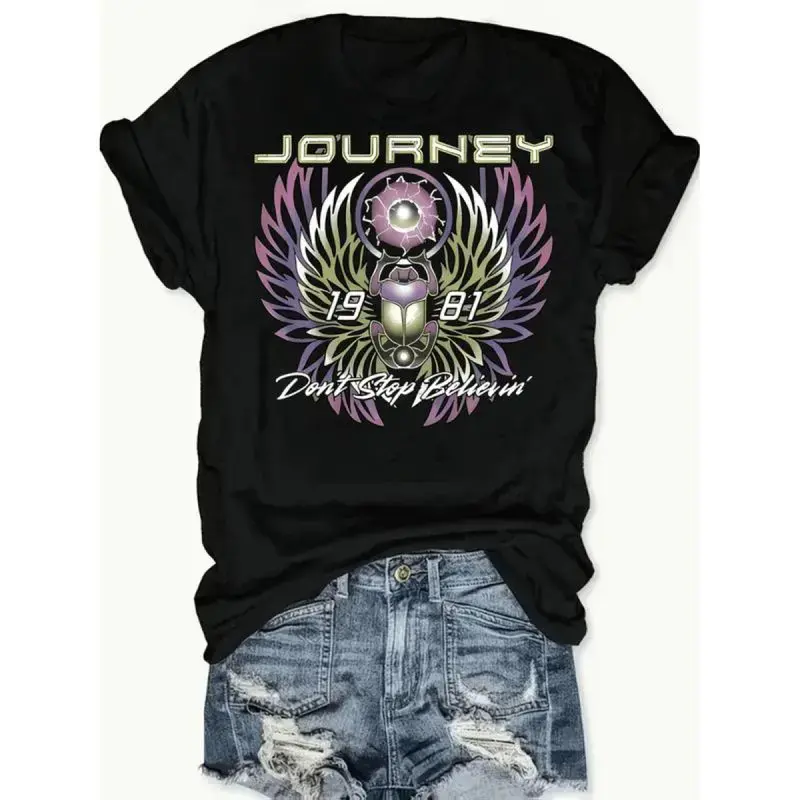 Women's Retro Graphic T-Shirt - Cute Cotton Journey Rock Print Boxy Fit Short Sleeve Bohemian Top, Breathable Casual Preppy Elegant Shirt, Ideal for Easter, Thanksgiving
