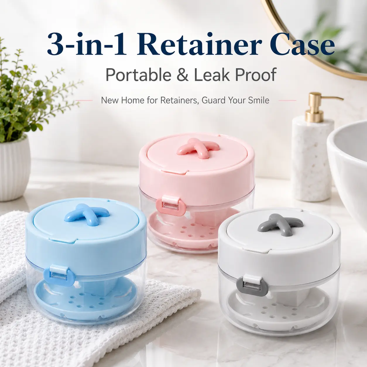Retainer Cleaner Case Box, Storage Soak Container with Drain Tray Mirror and Brush, Braces Cleaner Cup Leak Proof, Travel Cleaning Storage Holder for Aligners Dental