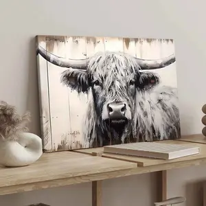 Vintage Highland Cow Canvas Print, Solid Wood Frame, Modern Art Decor, Artistic, Rectangle Design, Waterproof & High-Definition, Ideal Gift for Home Office Wall Artwork, Modern Home Decoration