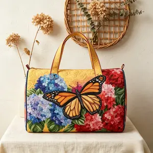 Quilted Weekender Duffle Bag, Boho Floral Butterfly & Hydrangea Print, Lightweight Large Capacity Unisex Carry On Luggage