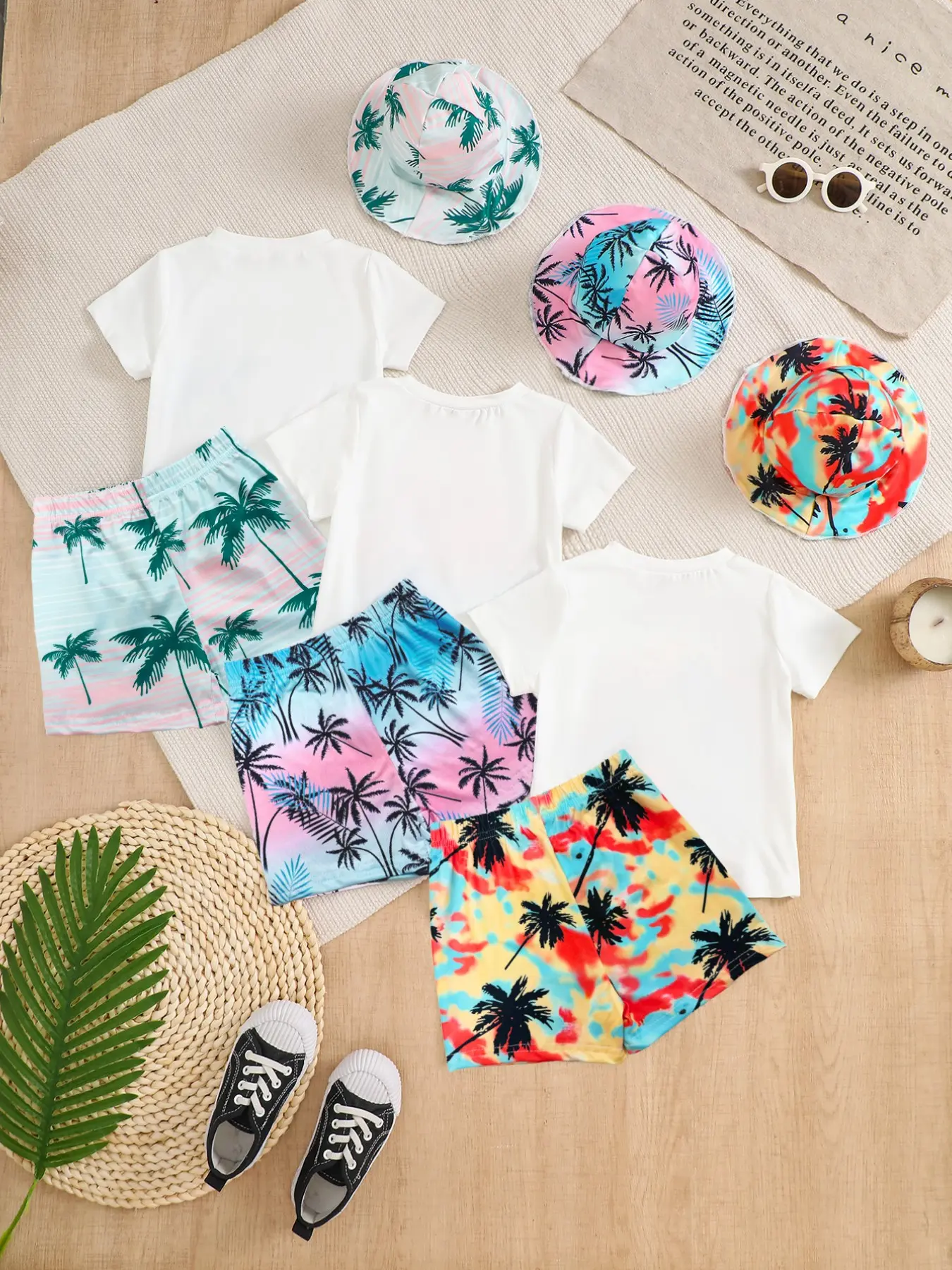 9-Piece Boys' Toddler Summer Clothing Set Outfits, Short Sleeve Top + Printed Shorts + Sun Hat, Casual Beach Style, Lightweight Comfortable, Multi-Color Combo, Clothes