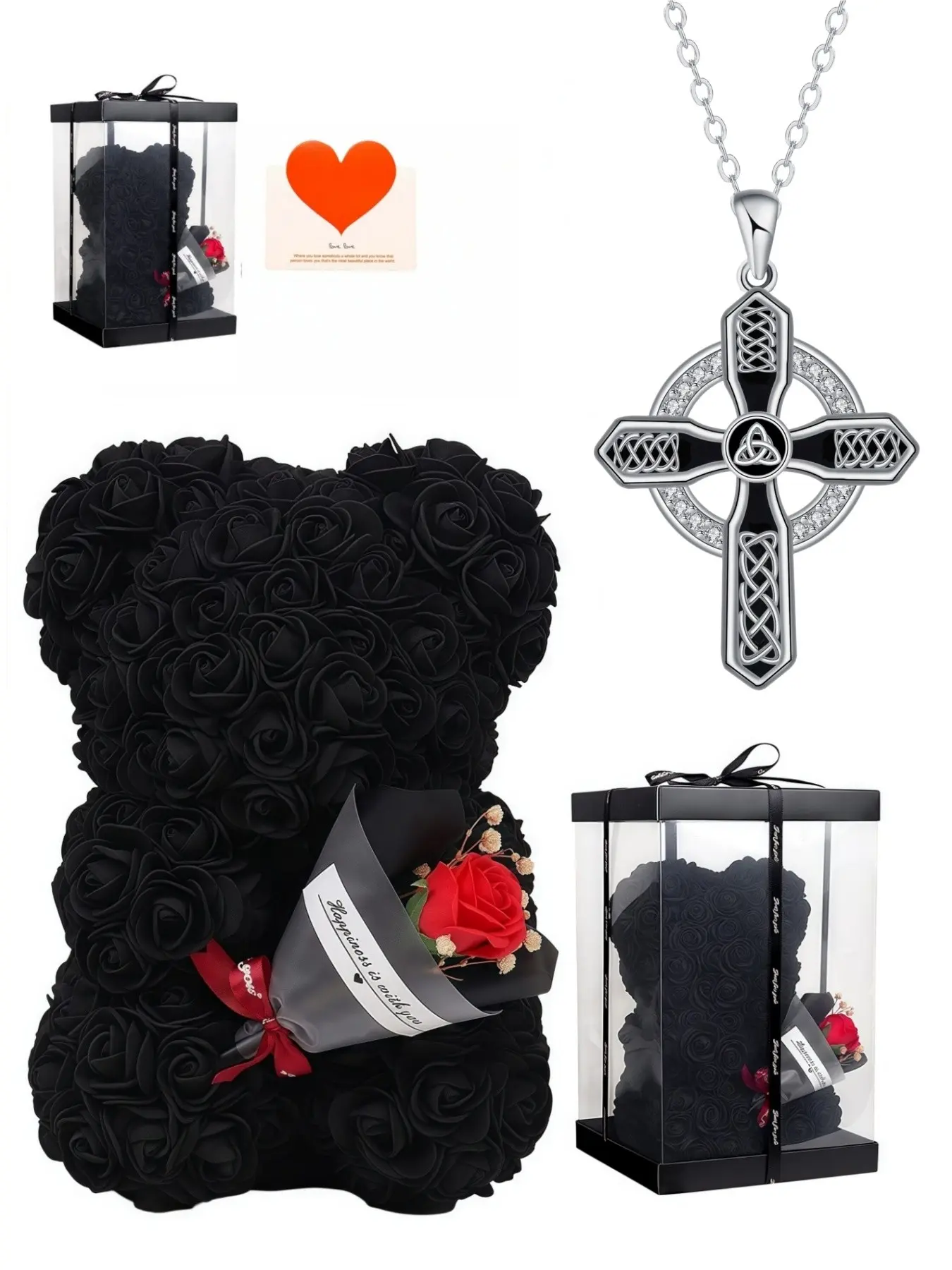 Trinity Weave Heart · Star Cross Niche-designed stylish Celtic cross necklace.Paired with a preserved rose & teddy bear gift box.Perfect mysterious gift for birthdays, Valentine’s Day, Mother’s Day and Christmas. Exquisite Jewelry Gift