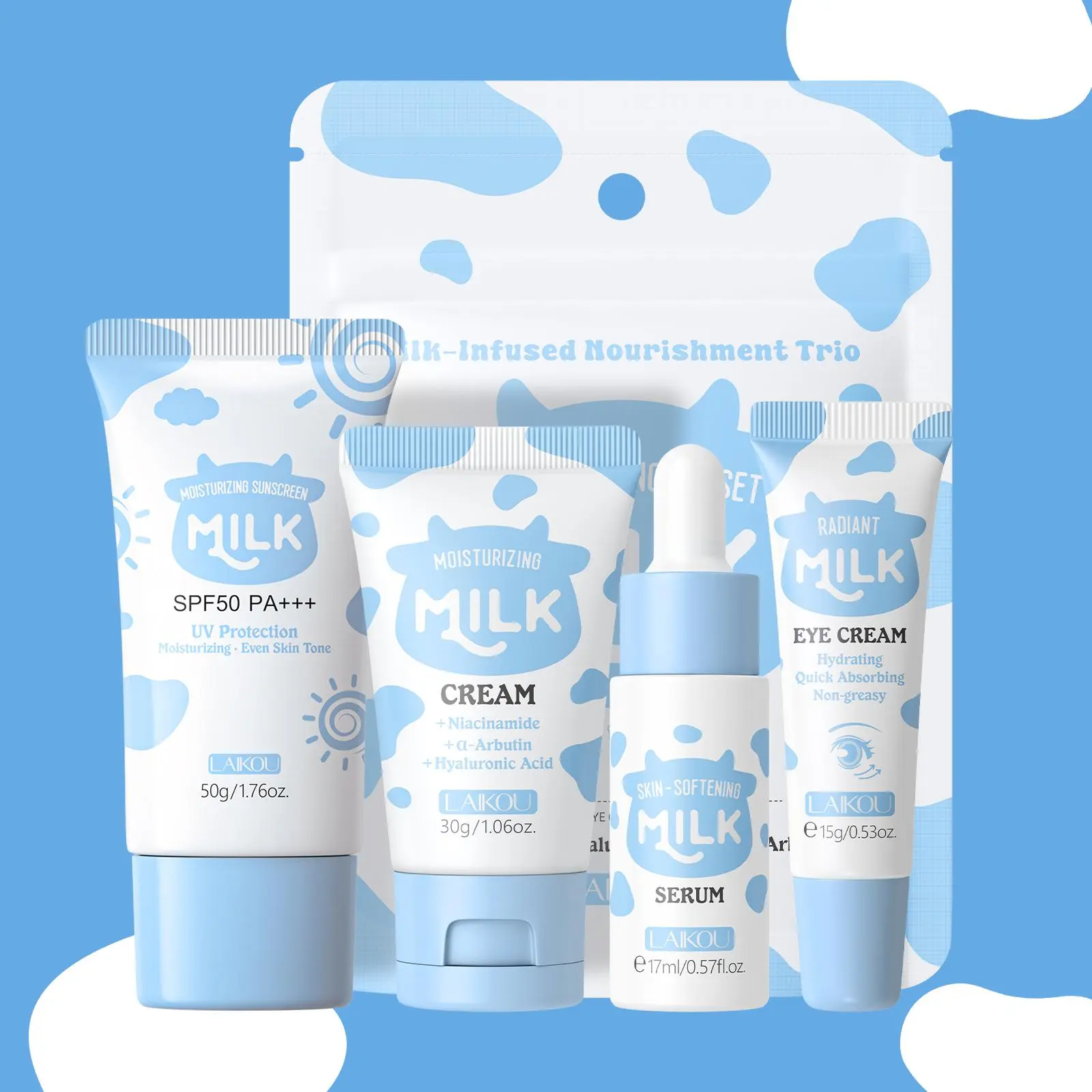 Laikou Milk Brightening Facial Skincare Travel Set, Complete Care Kit for On-The-Go Use, Cream UV Hydrating Shea Moisturizer, Face Care Kit, Glowing Skin Kit