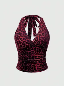 [us/eu Spring Summer Fall Best Selling Leopard Print Solid Color Casual Halter Top Fashion Slimming Women's Blouse]