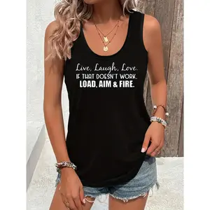 Women's Casual Polyester Tank Top - Letter Print, Sleeveless, Breathable Gentle Fabric, Basic Style, Fits Day Wear, Flattering Versatile Spring Summer Top