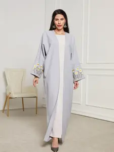Women's Floral Embroidery  Abaya, Modest Long Sleeve Open Front Kaftan Dress for Party, Ladies Islamic Clothing for All Seasons, Floral Embellished Abaya
