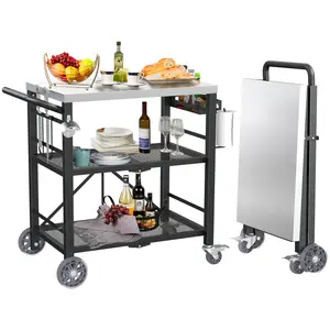 YACONA Folding Grill Table with Storage Rack, Stainless Steel Outdoor BBQ Cart, 3 Shelf Portable Grill Cart, Outdoor Kitchen Island and Pizza Oven Table for Blackstone Griddle Organiser