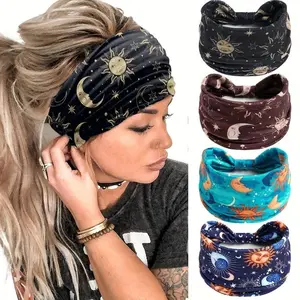 Women Star Moon Pattern Wide Brim Headband Set, Elastic Anti-Slip Hairbands, Breathable Twist Design, All Seasons Universal Style, Hair Accessories