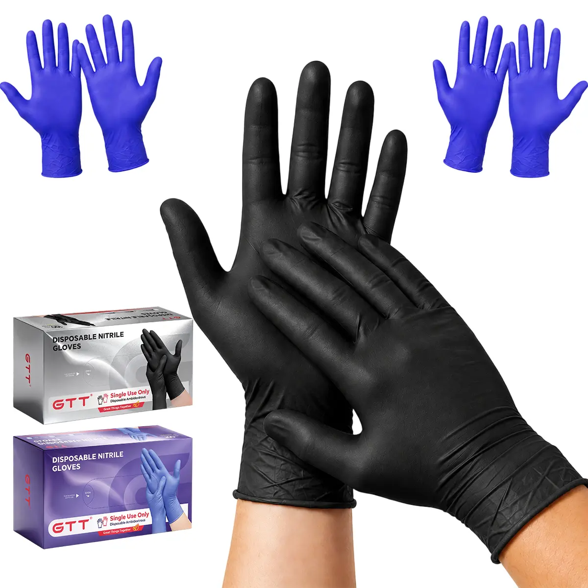 GTT Disposable Heavy-Duty 4.5 Mil Nitrile Gloves, Purple Black, Latex-Free, Powder-Free, Sensitive Skin-Safe, 200/400 Bulk Packs with Box, Universal Fit, for Garage, Lab, Nail Salon Daily Use
