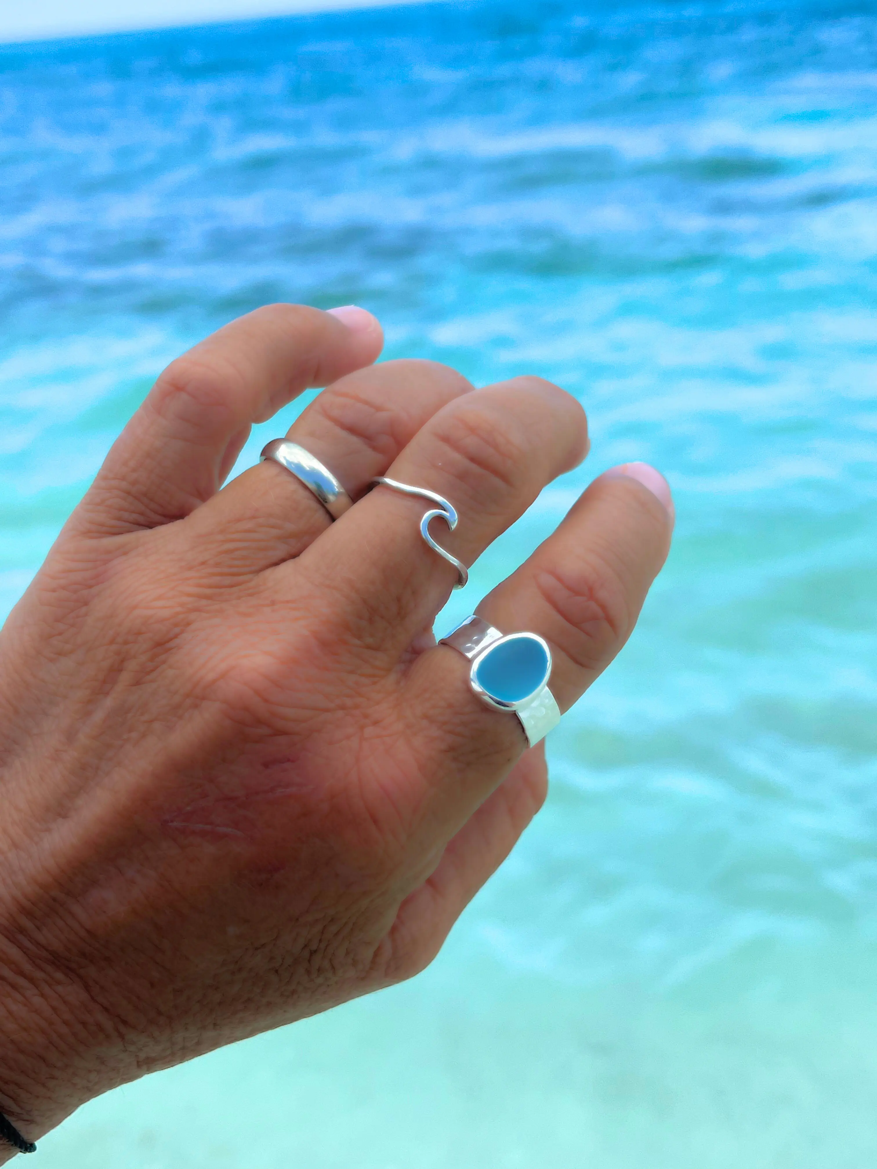 Hammered Wide Band Sea Glass Ring