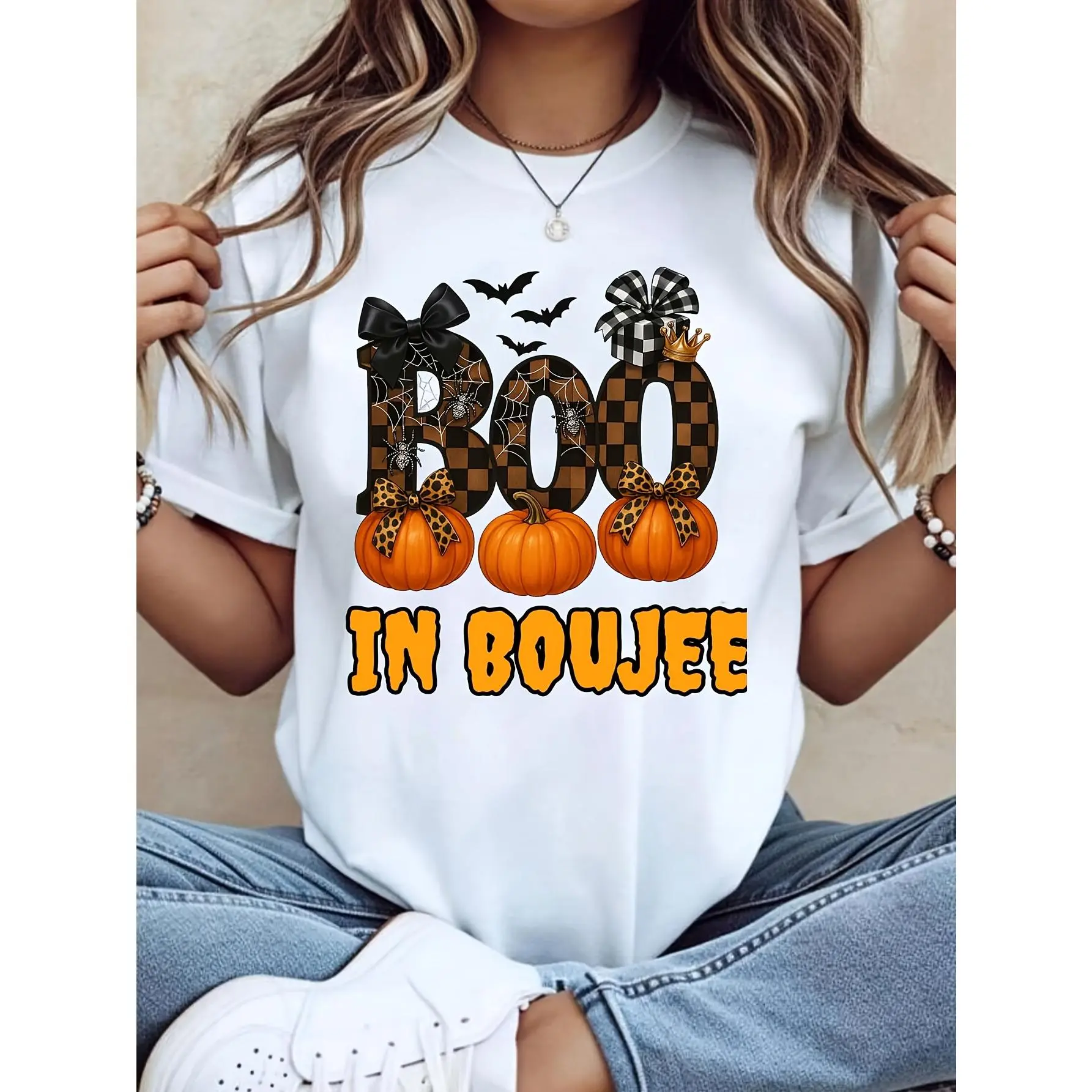Casual Funny, Women's T-Shirt, Boo In Boujee Pumpkin Halloween Graphic, Autumn Holiday Party, Gift For Friends
