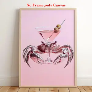 1 pc, wall art, vintage poster, dirty martini art print, seafood pink crab canvas painting, living room decoration, bedroom aesthetic design, gift for friends, housewarming gift, unframed, Frameless, Artwork