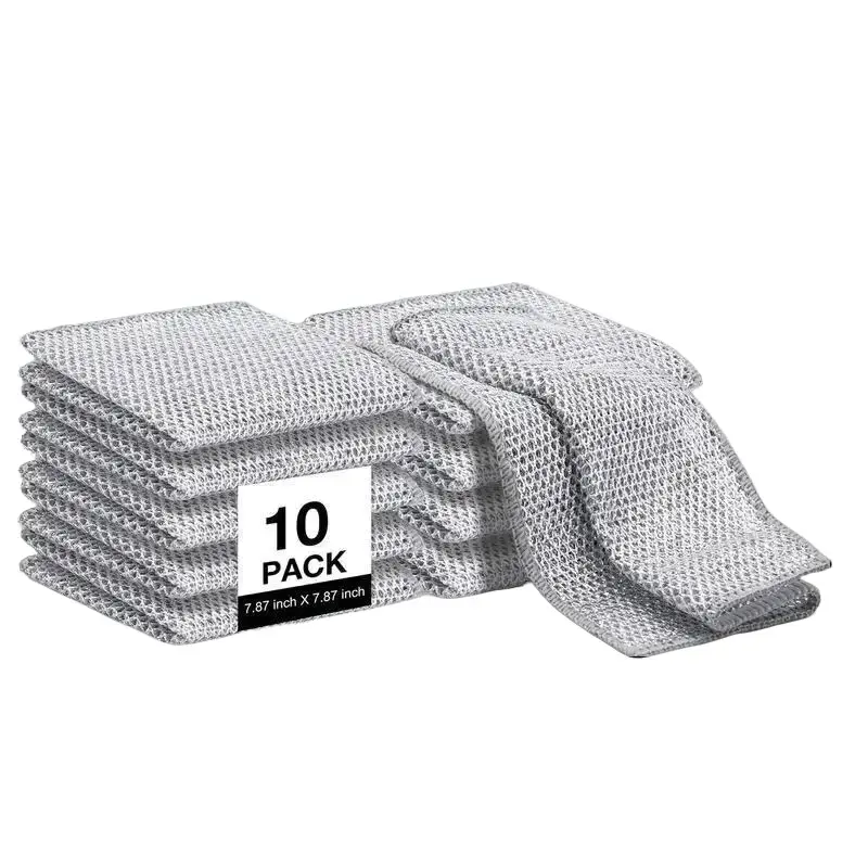 10-Pack Washable Household Polyester Dual-Use Scratch-Resistant Steel Wool Cleaning Cloths, Double-Sided Kitchen Dish Washing Brushes, Easy Storage Home Essentials clock magic toallitas demicrofibra towel microfiber multipurpose Reusable